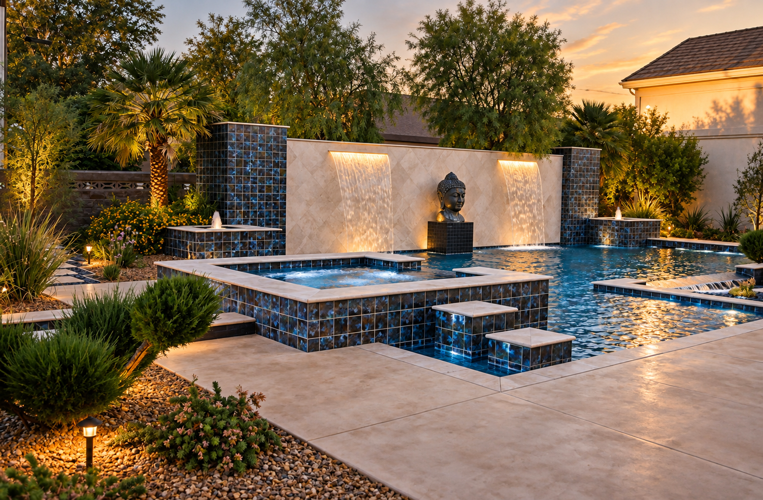 Oasis By The Strip private pool and Buddha waterfalls in Las Vegas
